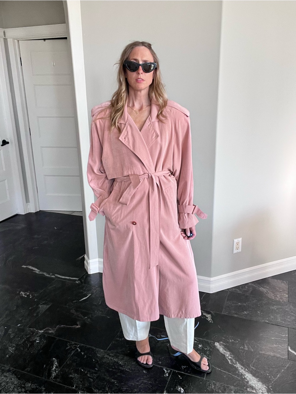 Dusty Pink Trench Coat Oversized 90s Y2K Shoulder Pads Long Belted Size 14